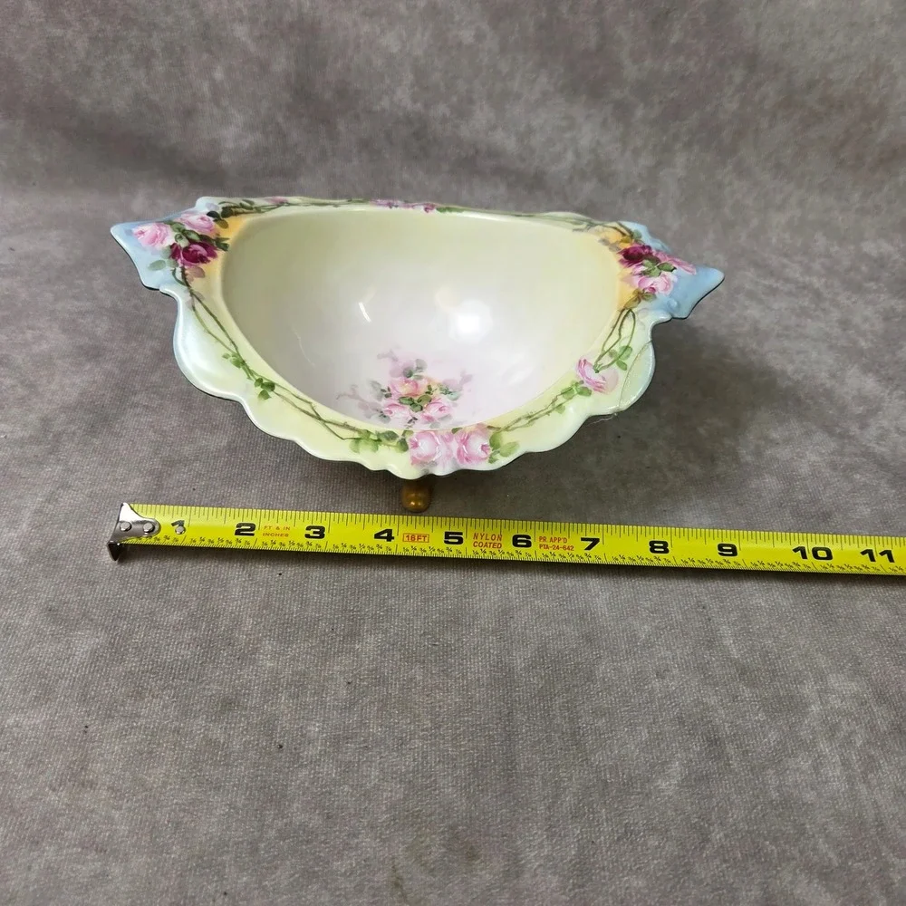 Limoges France Antique Footed Porcelain Bowl Hand Painted Pink Roses Gold Feet - Picture 4 of 8